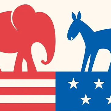 red elephant looking at blue donkey on American flag